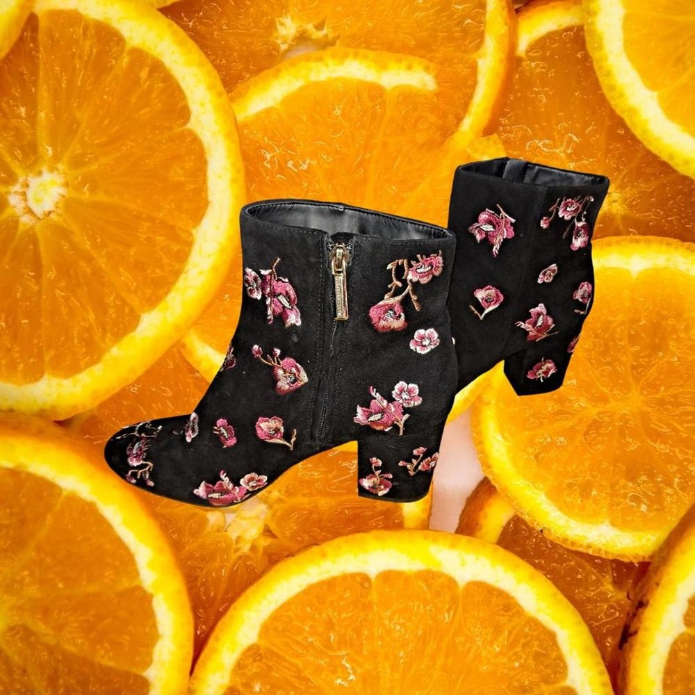 Karl Lagerfeld Black with Embroidered Pink Blower Ankle Boots‎ Size 8